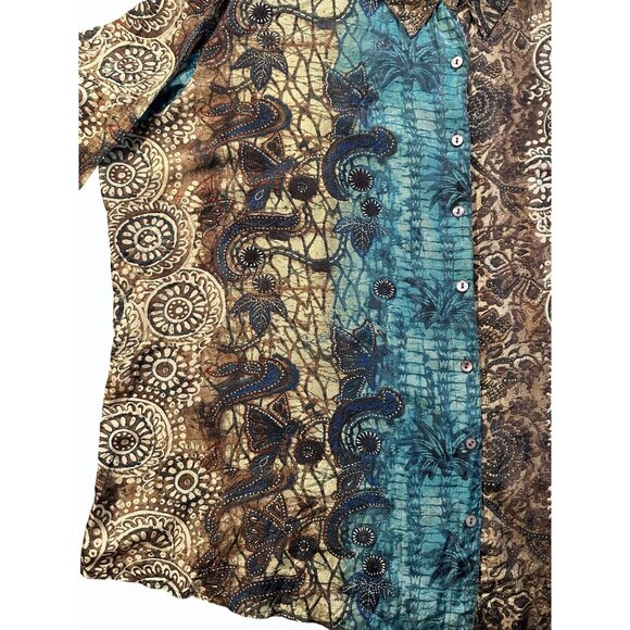 Chicos Silk Boho Button-Up Blouse Green Teal Brown Floral XL Artsy Comfort Loose - Picture 7 of 14